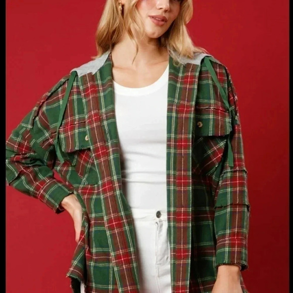 NEW Plaid Shacket Hoodie with Sequin Santa on Back - Picture 9 of 9